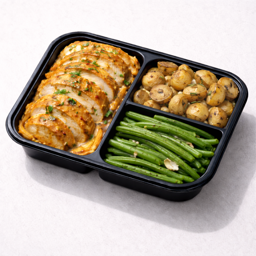 Pollo Honey Mustard con Papas con Romero y Green Beans