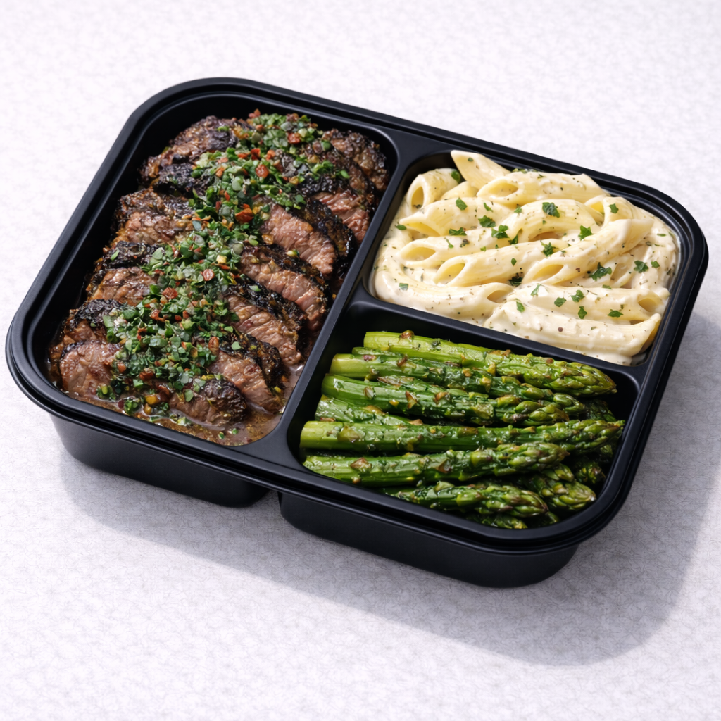 Churrasco Chimichurri con Pasta Penne con Salsa Alfredo y Esparragos