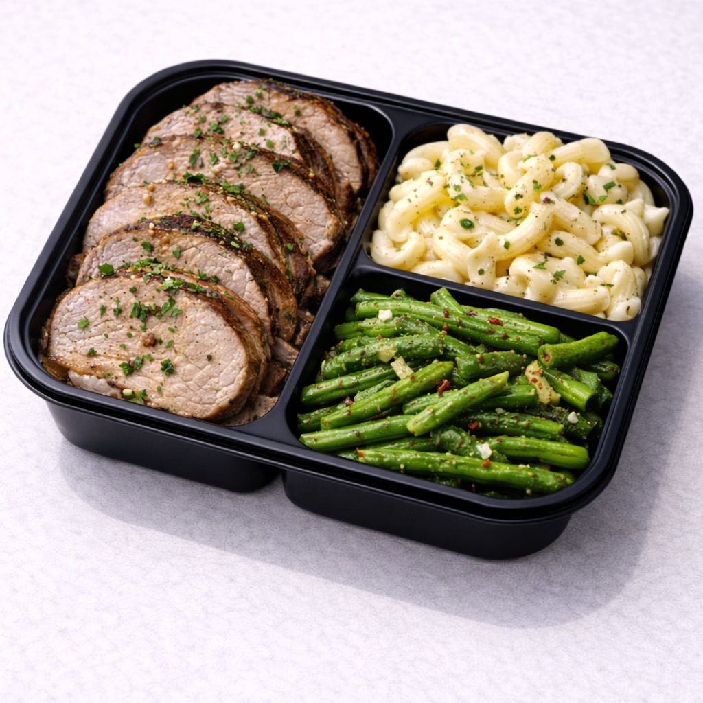 Tenderloins de Cerdo con Macarrones en Salsa Cheddar con Green Beans