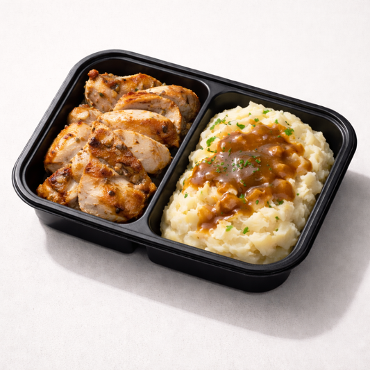 Pollo Rotisado con Ajo y Papa Majada Yukon con Gravy