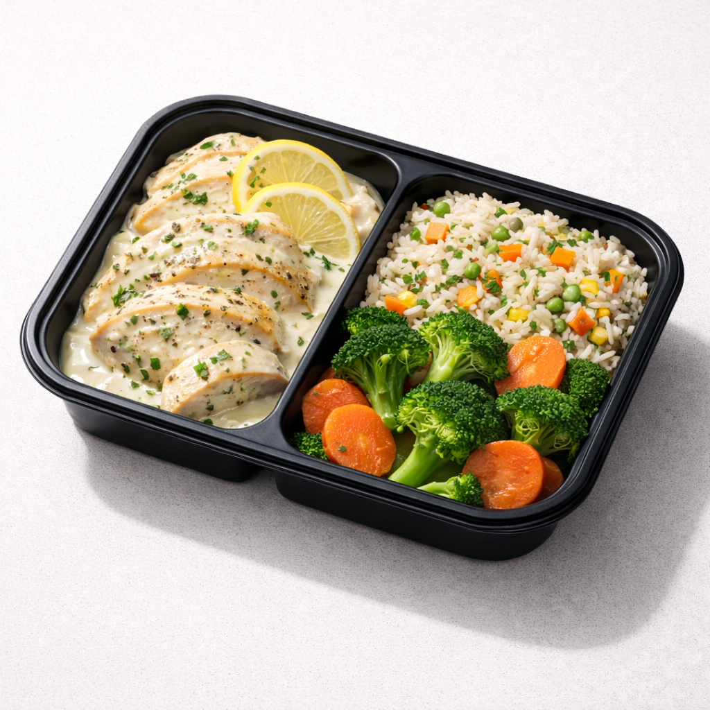 Pollo Lemon Pepper Cremoso con Veggie Rice Pilaf y Broccoli con Zanahoria
