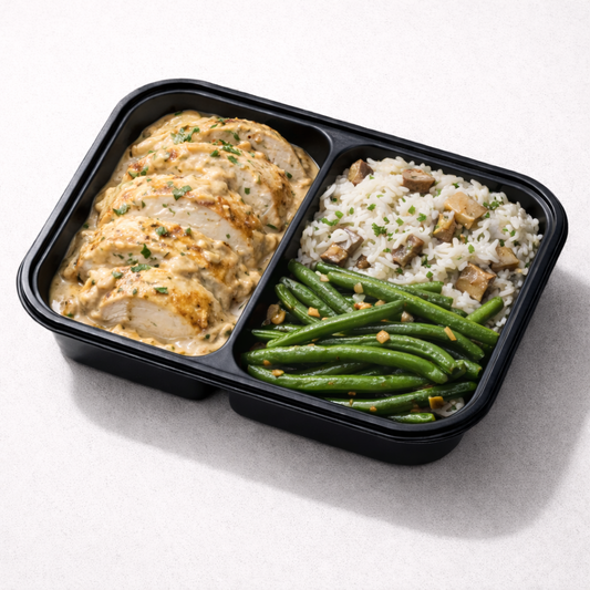 Pollo a la Mantequilla de Trufas con Rissotto de Setas y Green Beans con Ajo Salteado