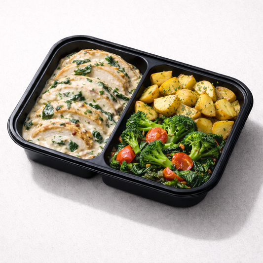 Pollo Florentin con Papas al Horno con Brocoli y Espinaca en Mantequilla de Tomate