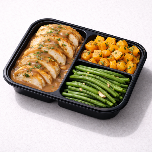 Pollo con Maple Gravy con Butternut Squash y Green Beans
