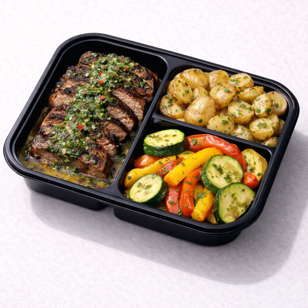 Churrasco en Chimichurri con Salteado de Zuchinni y Pimientos con Papas al Horno