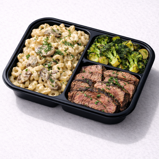 Macarrones con Queso y Trufas con Sirloin Steak y Brocoli con Leeks