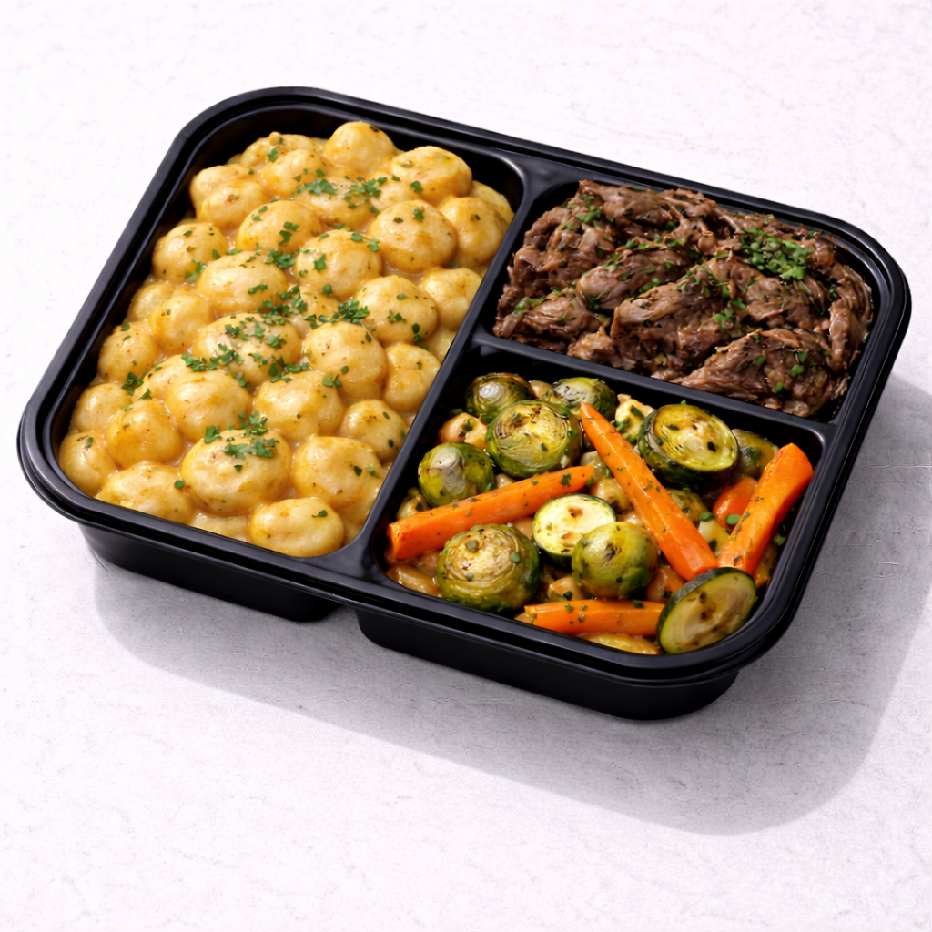 Carne de Res Desmenusada con Gnocchi Cheddar con Medley de Zanahoria y Bruselas