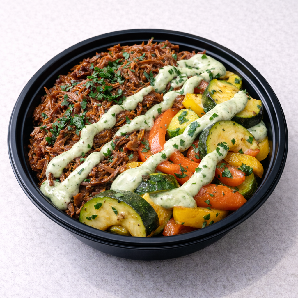 Tinga Bowl de Res con Zuchinni Pimientos y Cilantro Crema