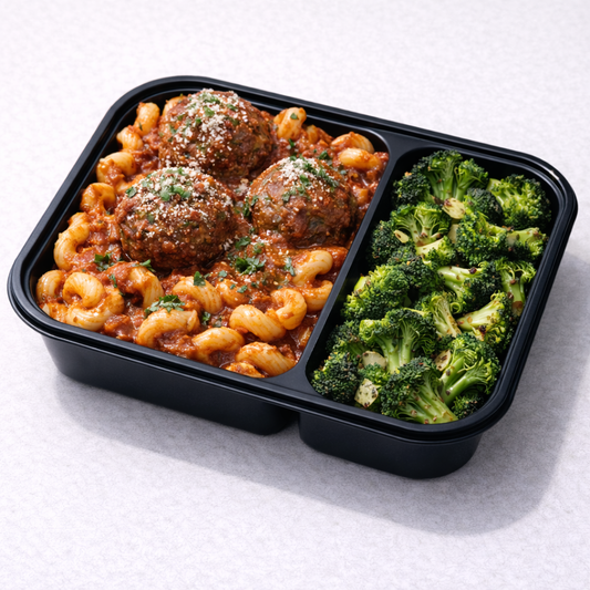 Albondigas de Res con Pasta Cavattapi y Brocoli al Horno