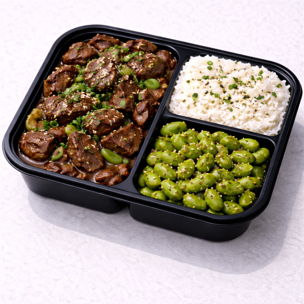 Mongolian Beef con Arroz Blanco y Edamame