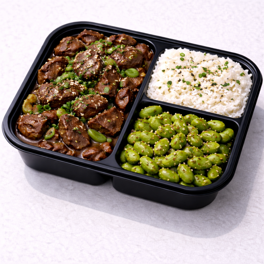 Mongolian Beef con Arroz Blanco y Edamame
