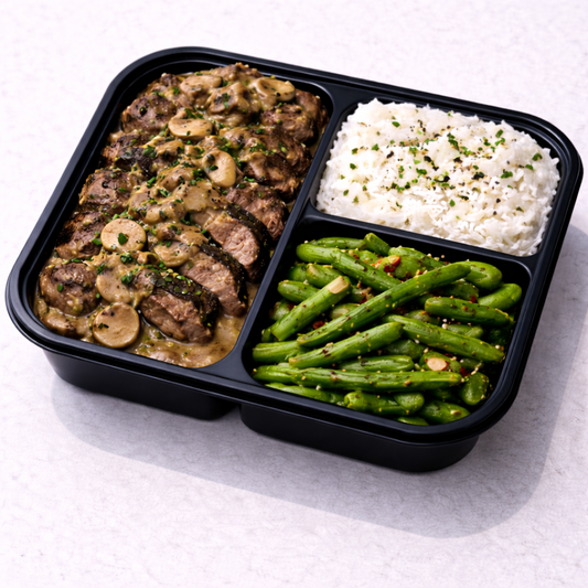 Churrasco en Salsa de Setas con Arroz Blanco y Green Beans