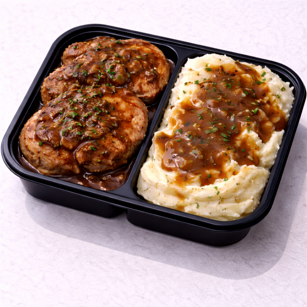 Chuletas Deshuesadas de Cerdo con Papa Majada y Gravy