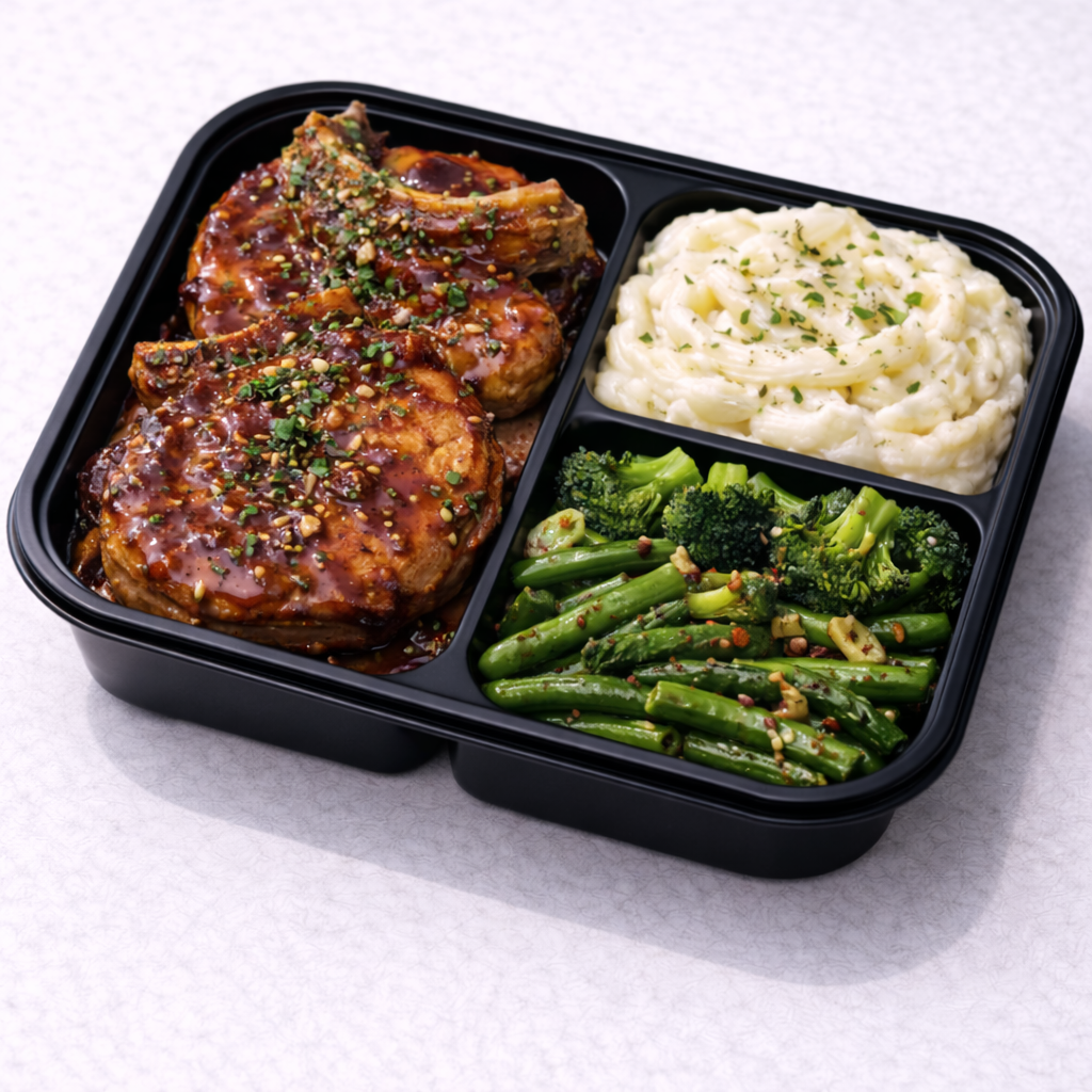 Porkchops en Jalea con Papas Majadas y Brocoli y Green Beans Salteados